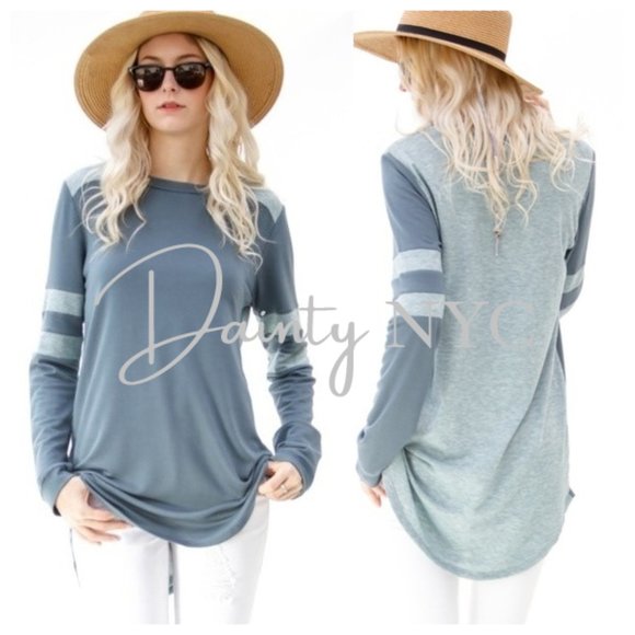 Tops - Long Stripe Sleeve Casual Top Blue/Teal High Low